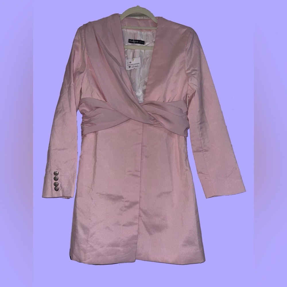 🆕#199-NWT PEAOFBLRD Light Pink V Neck Draped Blazer Knot Dress, Sizr Med